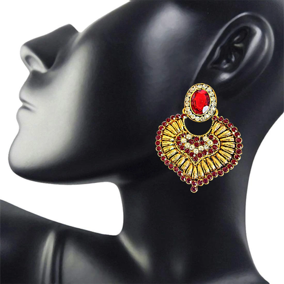 Red-White Colored Stone Gold-Plated Chandbali Earrings For Women (PSE10)