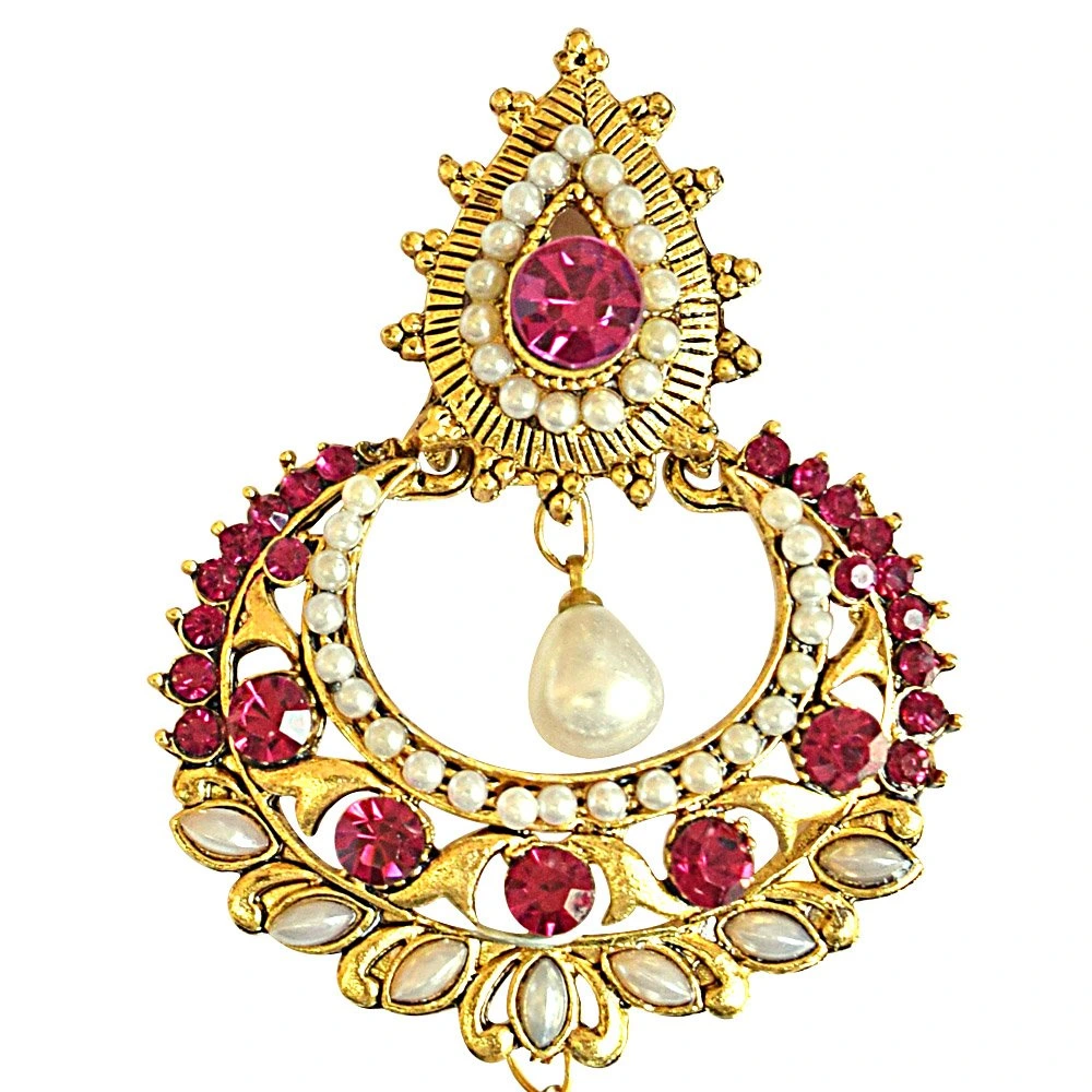 Pink Stone Shell Pearl Gold-Plated Chandbali Earrings