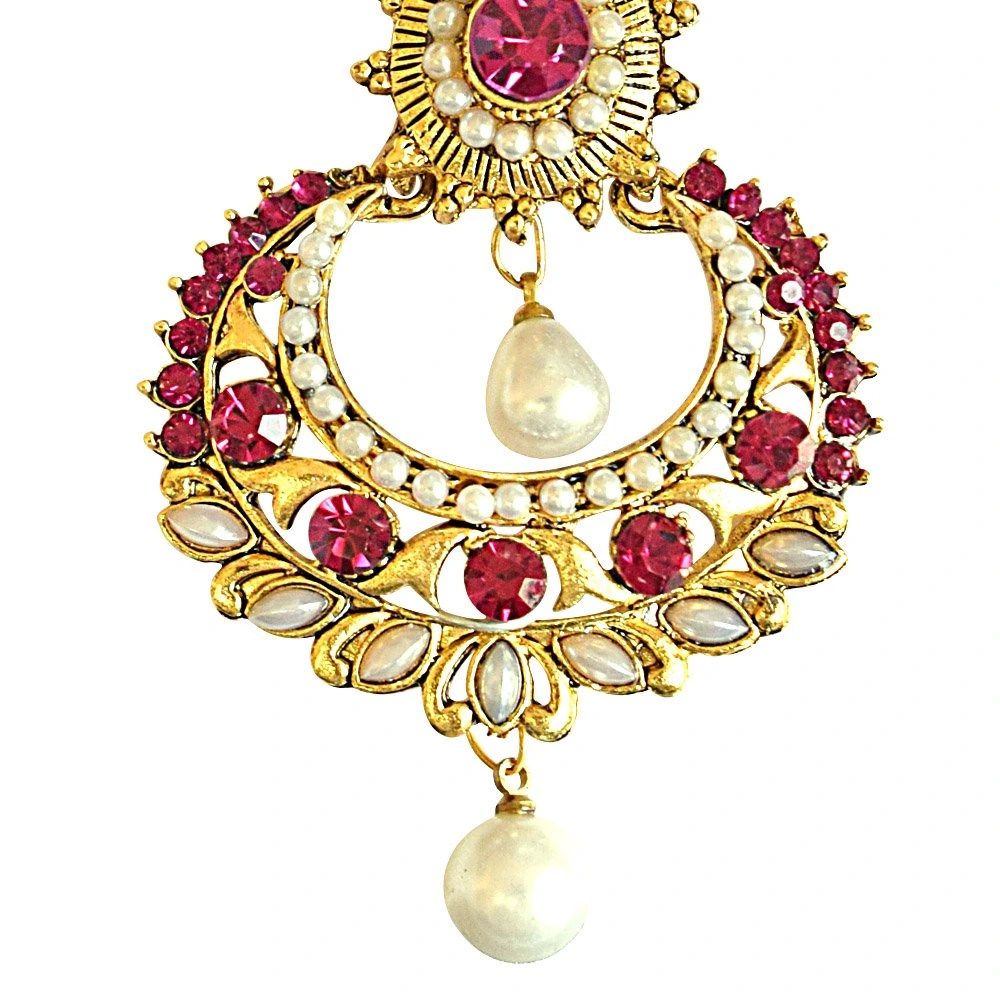 Pink Stone Shell Pearl Gold-Plated Chandbali Earrings