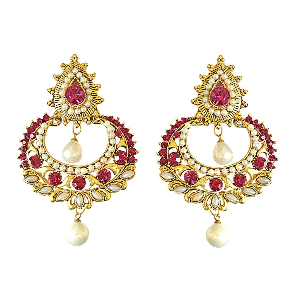 Pink Stone Shell Pearl Gold-Plated Chandbali Earrings (PSE12)