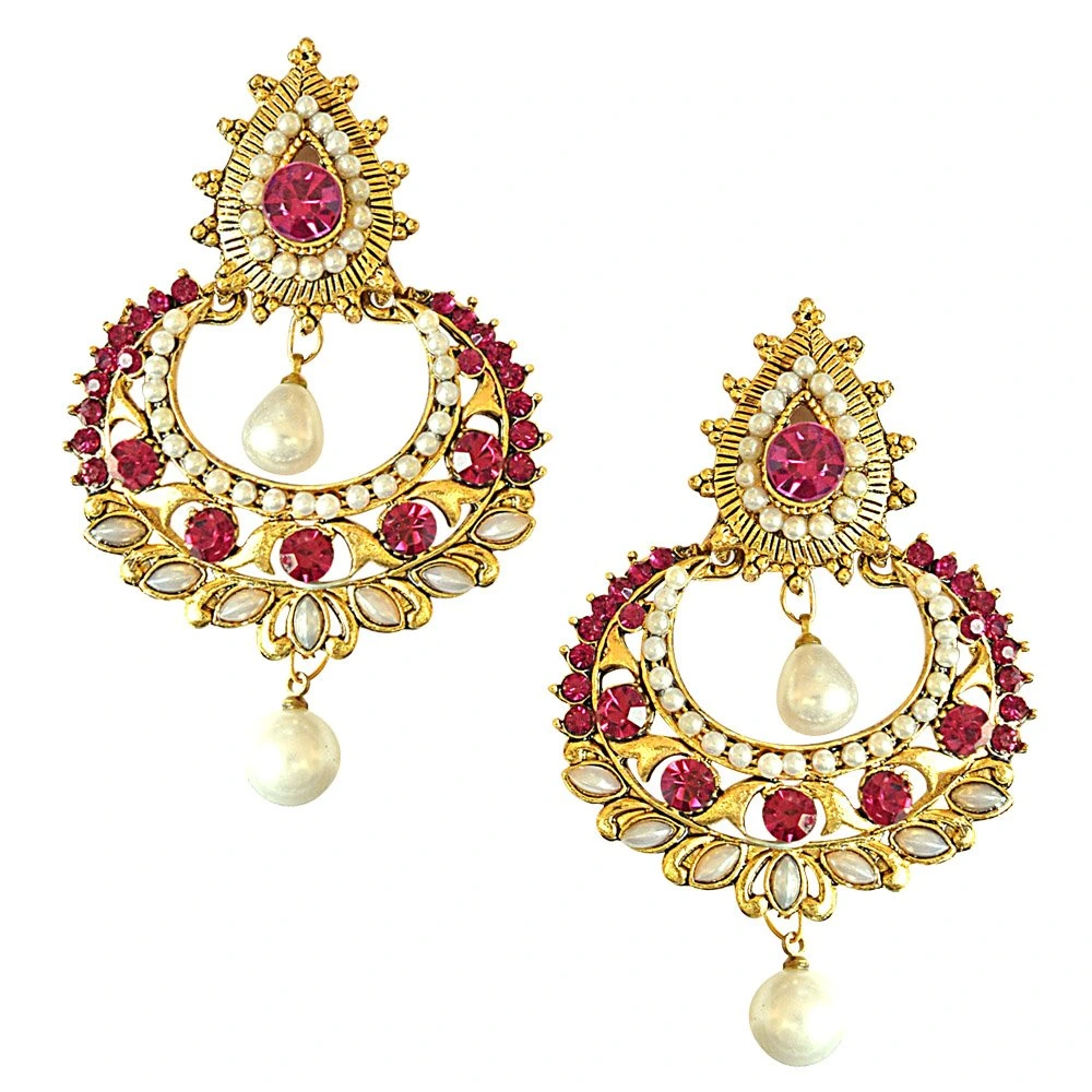 Pink Stone Shell Pearl Gold-Plated Chandbali Earrings (PSE12)