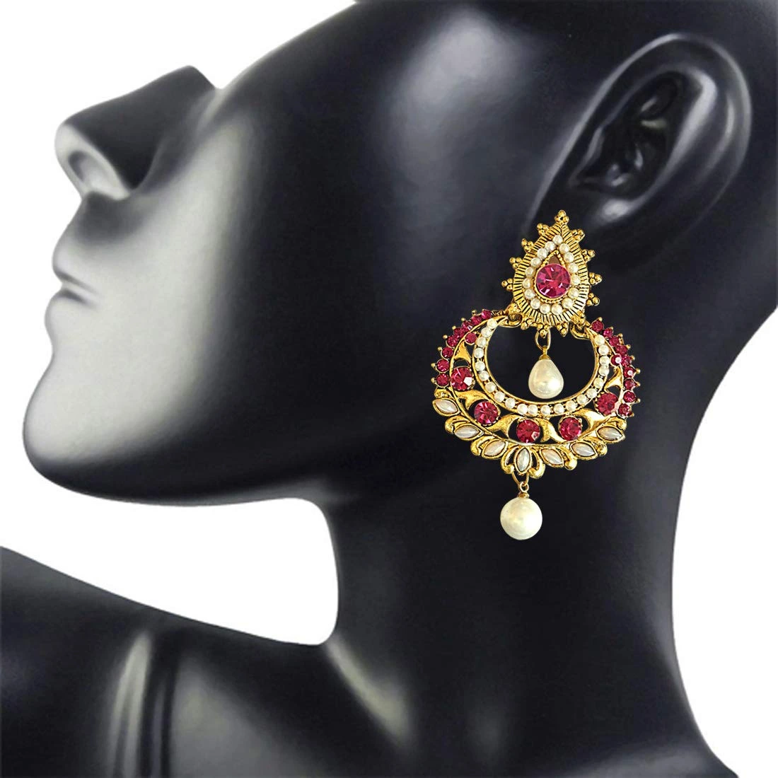 Pink Stone Shell Pearl Gold-Plated Chandbali Earrings (PSE12)