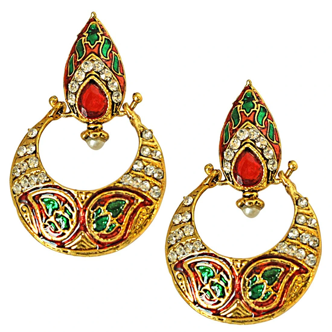 Drop Shaped Red-Green Enamelled, Studded with White Stones & Gold Plated Chand Bali Earrings (PSE13)