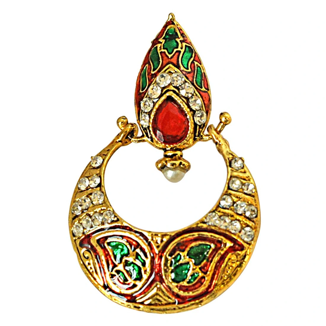 Drop Shaped Red-Green Enamelled, Studded with White Stones & Gold Plated Chand Bali Earrings (PSE13)