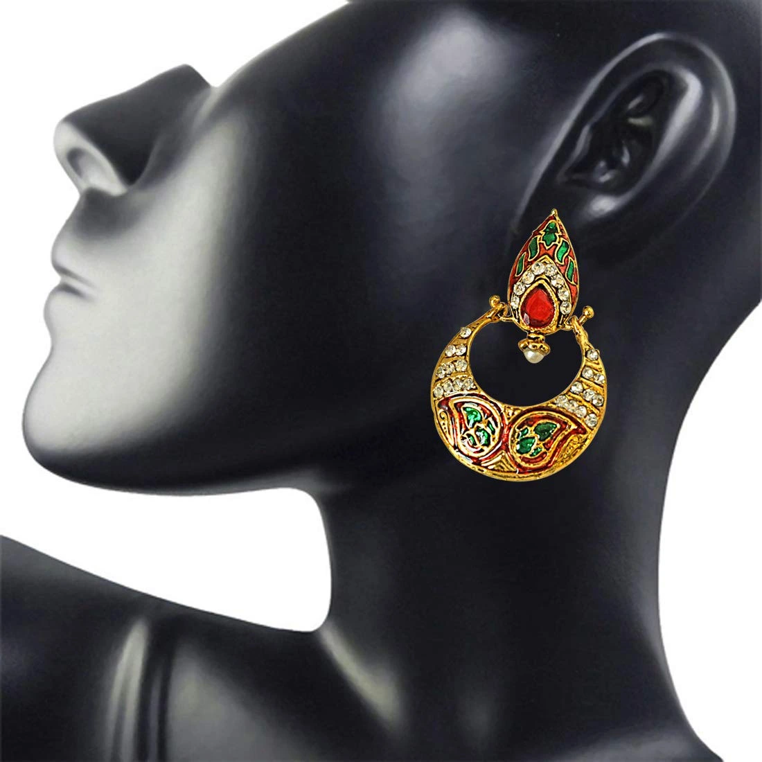 Drop Shaped Red-Green Enamelled, Studded with White Stones & Gold Plated Chand Bali Earrings (PSE13)