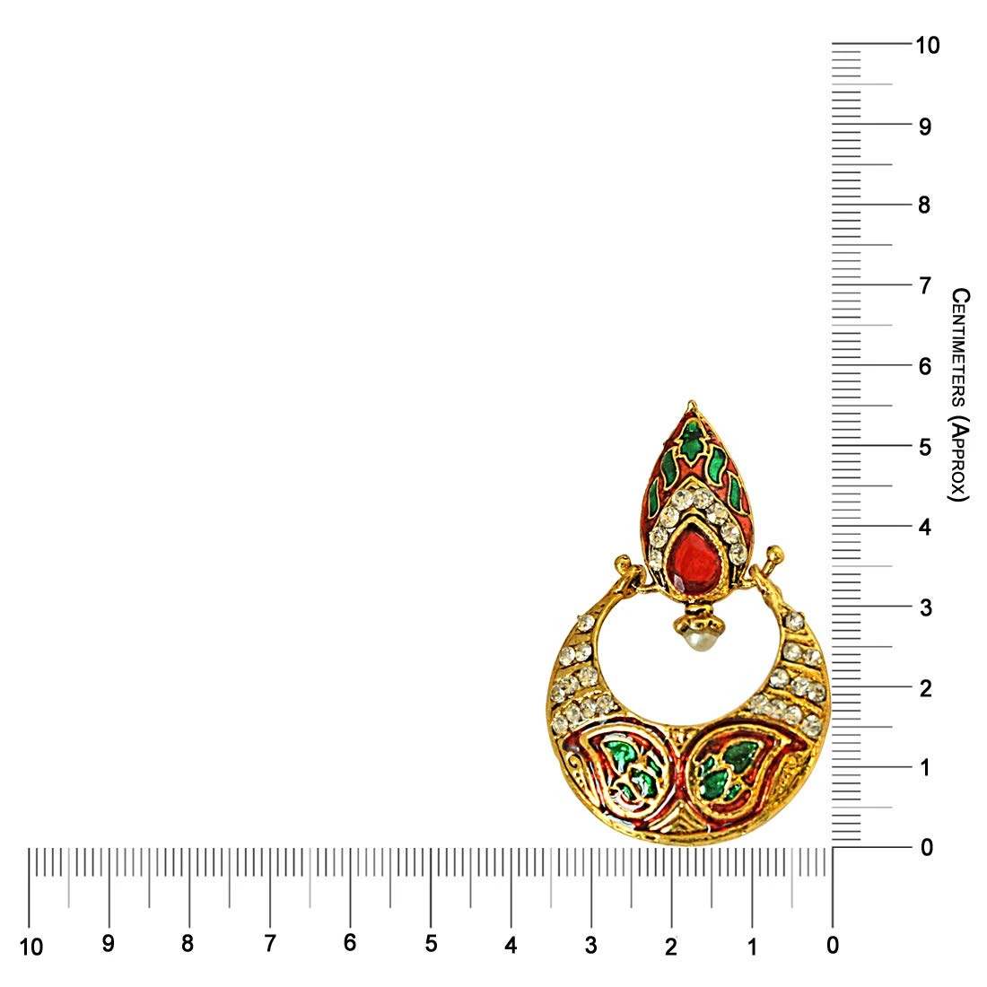 Drop Shaped Red -Green Enamelled, Studded with White Stones & Gold Plated Ch Bali Earrings