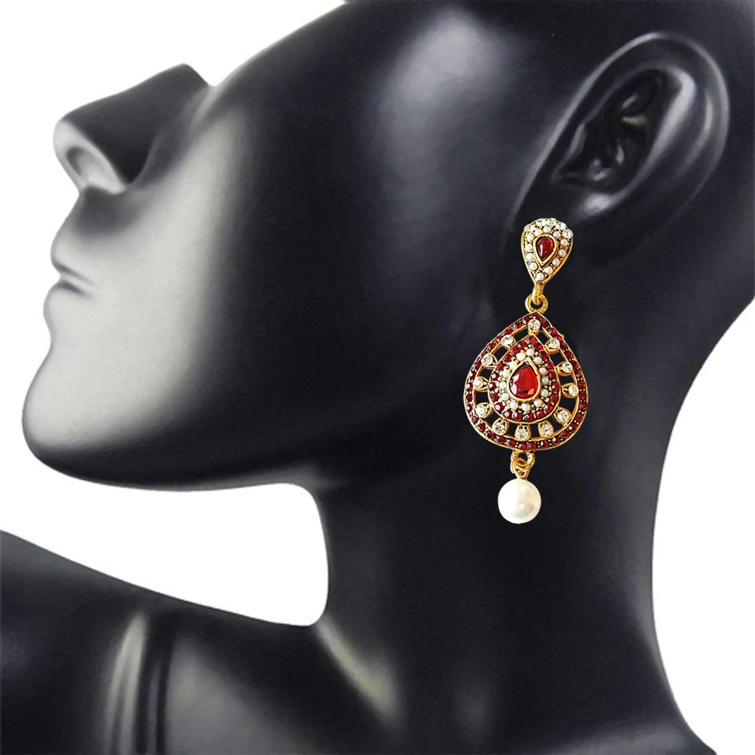 Drop Shaped Red & White Coloured Stone, Shell Pearl & Gold Plated Ch Bali Earrings