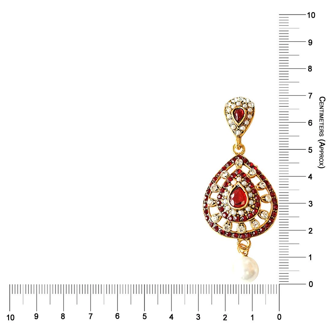 Drop Shaped Red & White Coloured Stone, Shell Pearl & Gold Plated Ch Bali Earrings