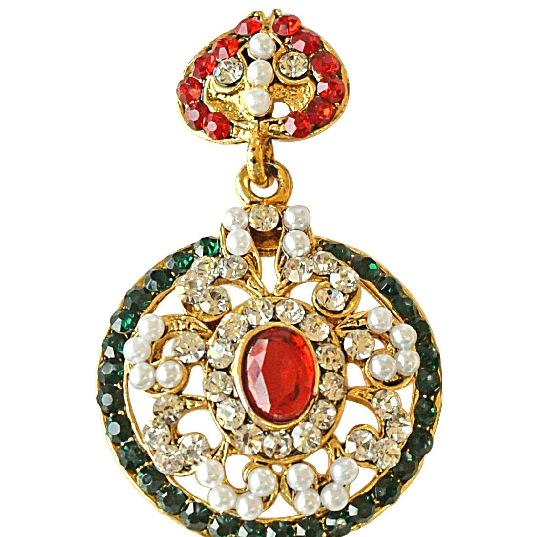 Round Shaped Red, Green & White Coloured Stone, Shell Pearl & Gold Plated Chand Bali Earrings (PSE15)