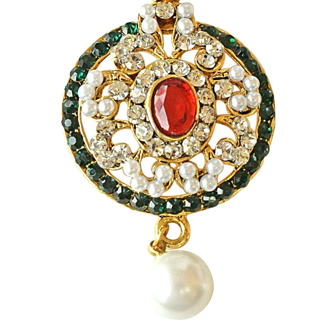 Round Shaped Red, Green & White Coloured Stone, Shell Pearl & Gold Plated Chand Bali Earrings (PSE15)
