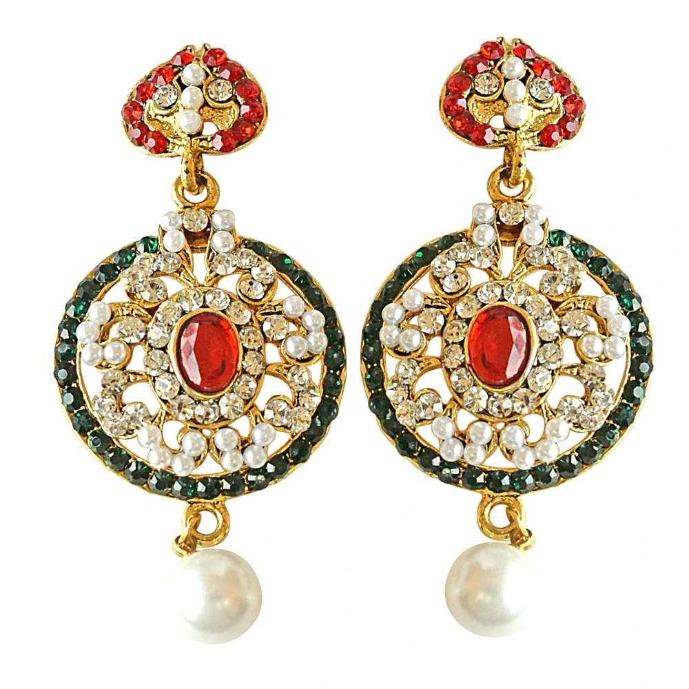Round Shaped Red, Green & White Coloured Stone, Shell Pearl & Gold Plated Ch Bali Earrings