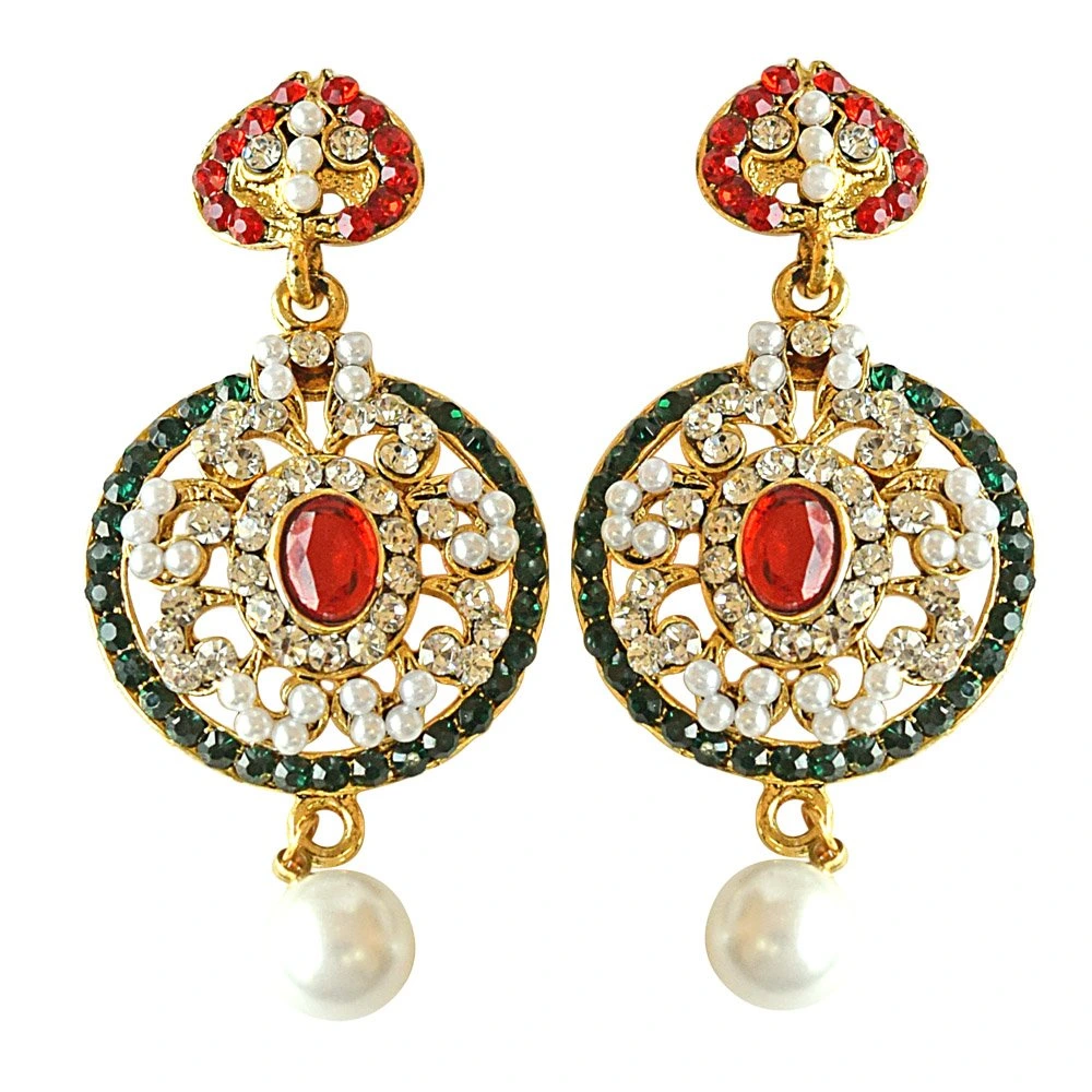 Round Shaped Red, Green & White Coloured Stone, Shell Pearl & Gold Plated Chand Bali Earrings (PSE15)