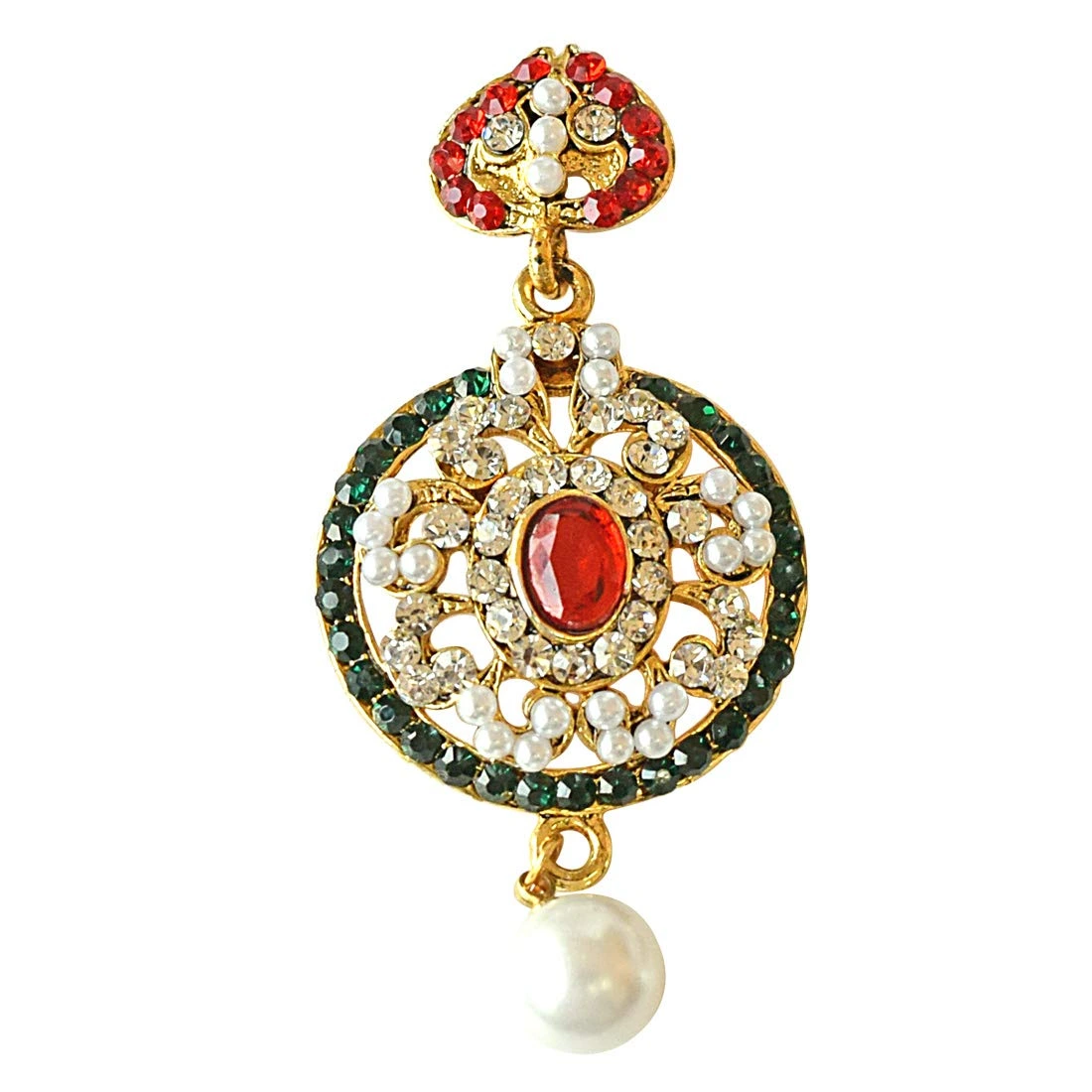 Round Shaped Red, Green & White Coloured Stone, Shell Pearl & Gold Plated Chand Bali Earrings (PSE15)