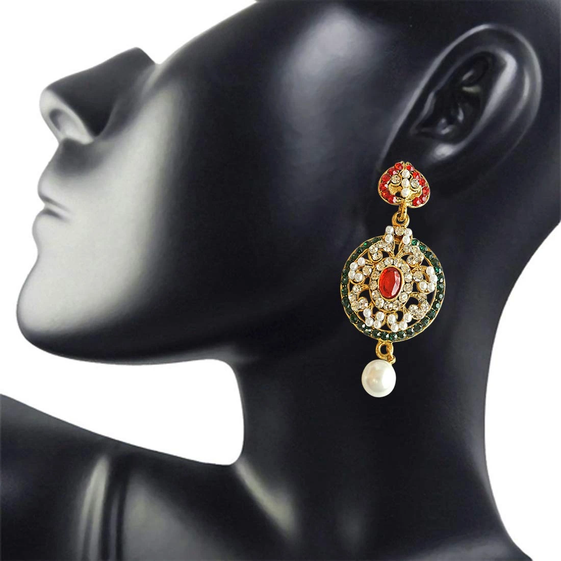 Round Shaped Red, Green & White Coloured Stone, Shell Pearl & Gold Plated Ch Bali Earrings