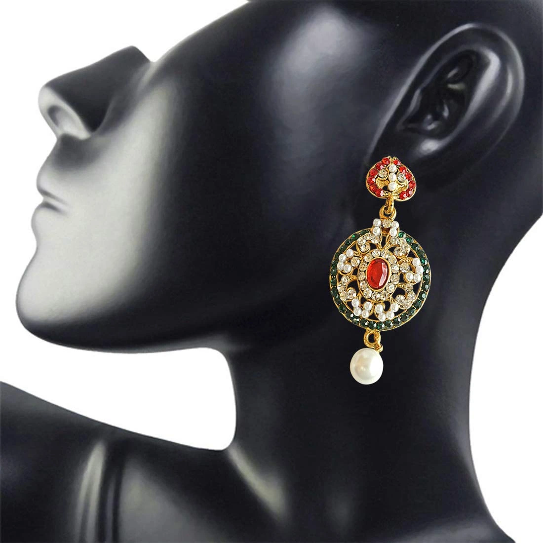 Round Shaped Red, Green & White Coloured Stone, Shell Pearl & Gold Plated Chand Bali Earrings (PSE15)