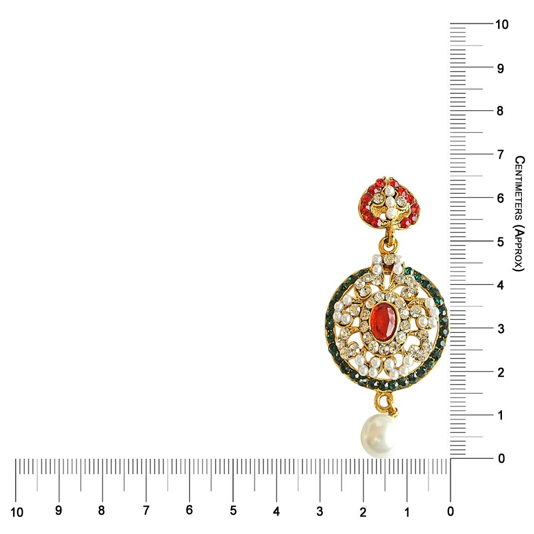 Round Shaped Red, Green & White Coloured Stone, Shell Pearl & Gold Plated Chand Bali Earrings (PSE15)