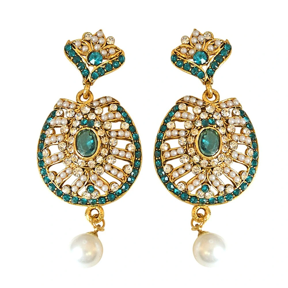 Drop Shaped Blue & White Coloured stone, Shell Pearl & Gold Plated Chand Bali Earrings (PSE17)