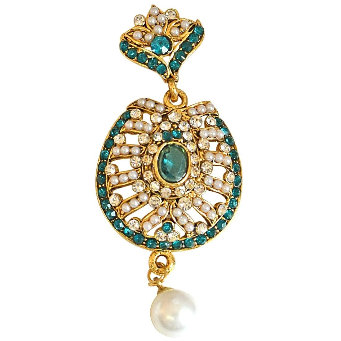 Drop Shaped Blue & White Coloured stone, Shell Pearl & Gold Plated Chand Bali Earrings (PSE17)