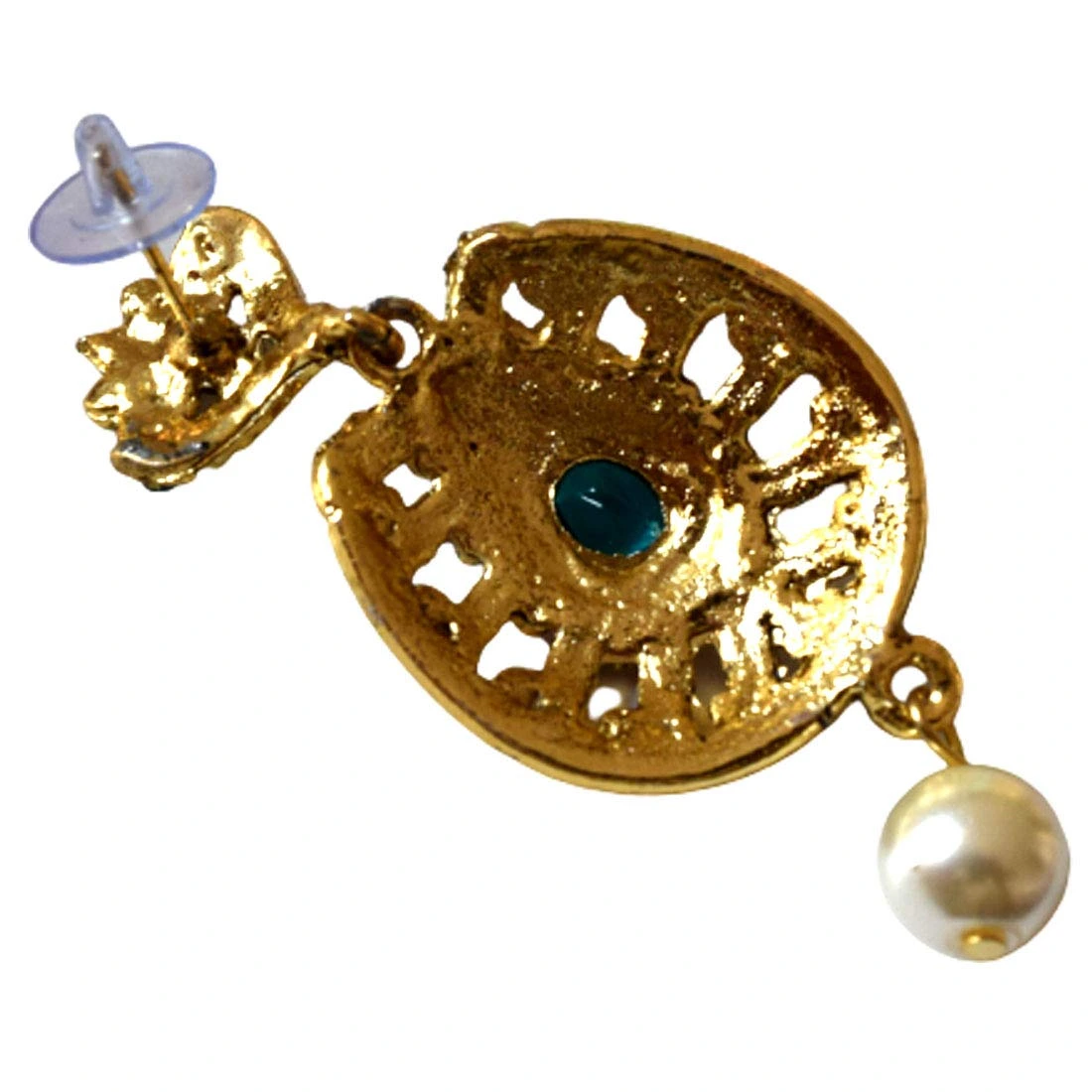 Drop Shaped Blue & White Coloured stone, Shell Pearl & Gold Plated Chand Bali Earrings (PSE17)