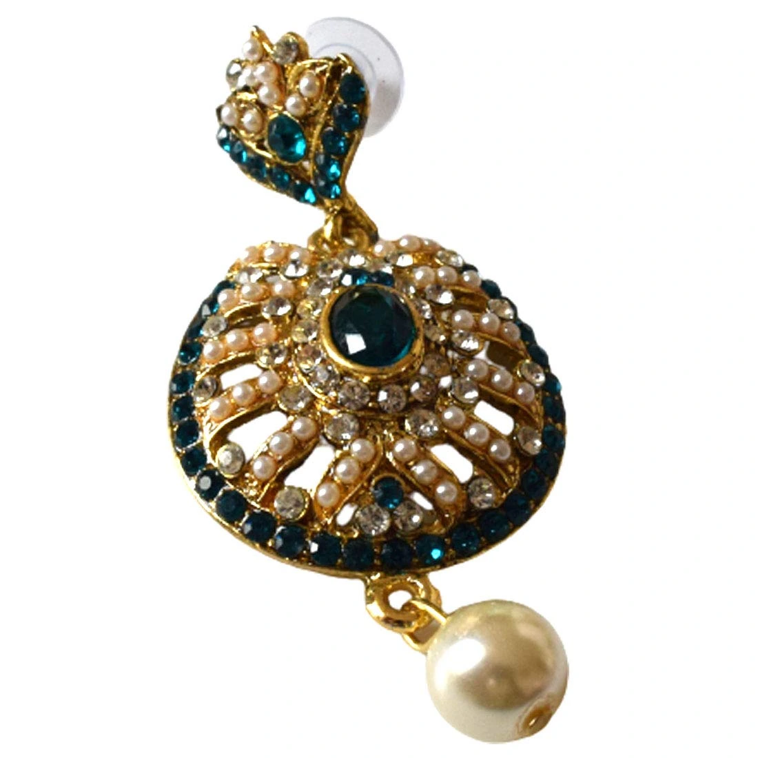 Drop Shaped Blue & White Coloured stone, Shell Pearl & Gold Plated Chand Bali Earrings (PSE17)