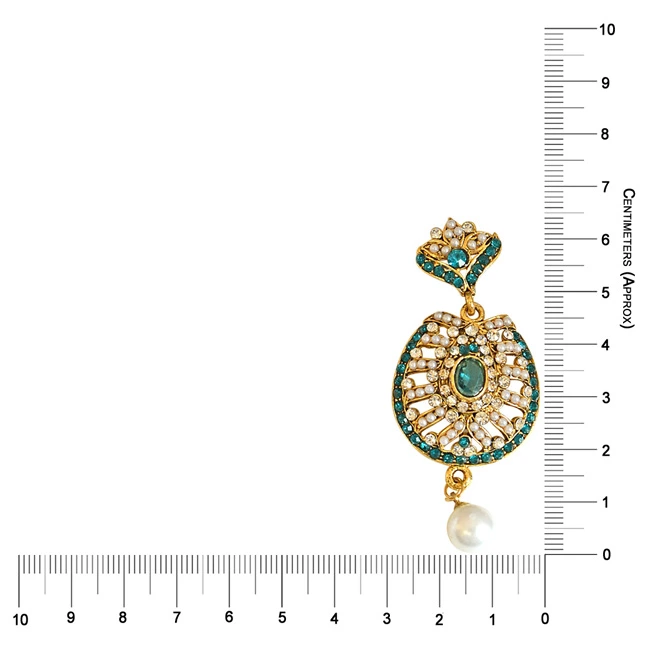 Drop Shaped Blue & White Coloured stone, Shell Pearl & Gold Plated Chand Bali Earrings (PSE17)