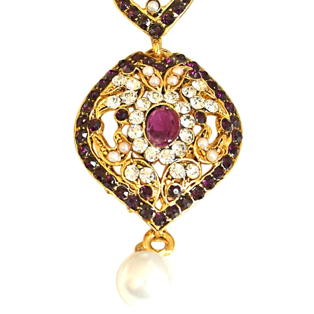 Drop Shaped Designer Purple & White Coloured Stone, Shell Pearl & Gold Plated Chand Bali Earrings (PSE18)