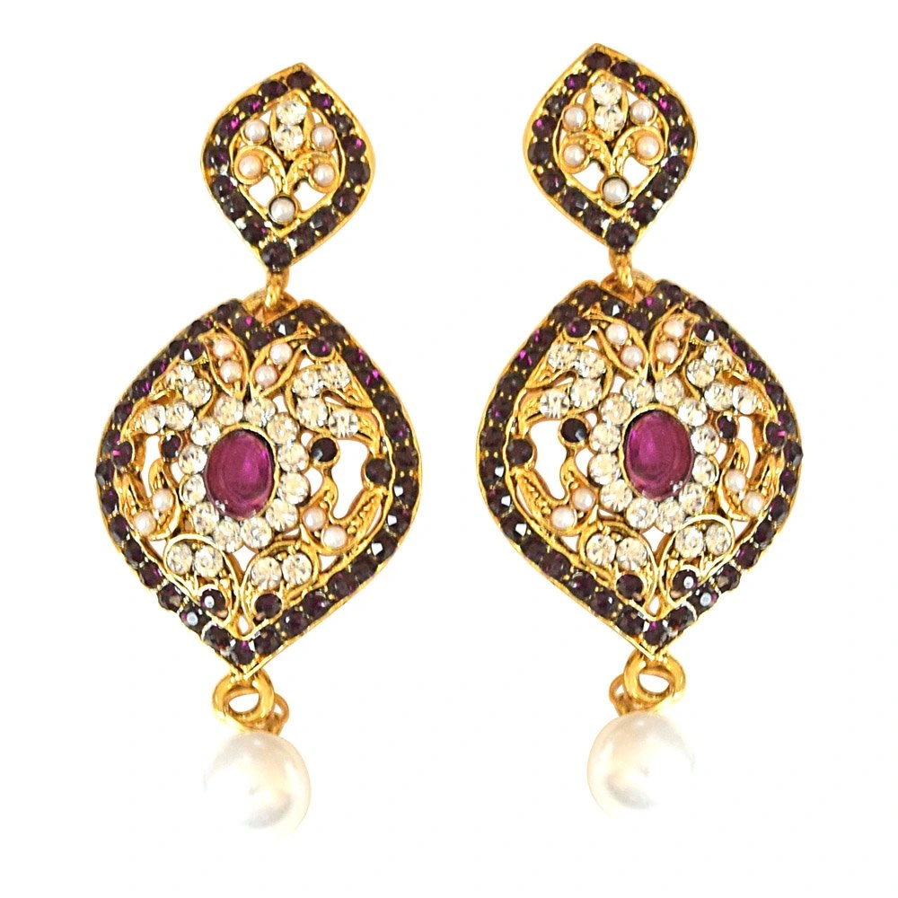 Drop Shaped Designer Purple & White Coloured Stone, Shell Pearl & Gold Plated Chand Bali Earrings (PSE18)
