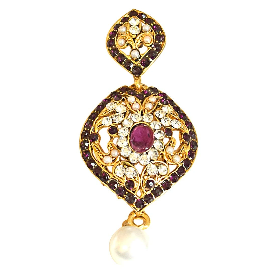 Drop Shaped Designer Purple & White Coloured Stone, Shell Pearl & Gold Plated Chand Bali Earrings (PSE18)