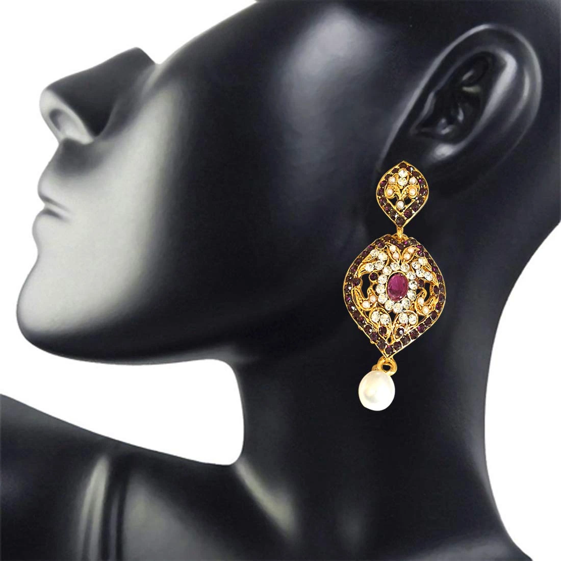 Drop Shaped Designer Purple & White Coloured Stone, Shell Pearl & Gold Plated Chand Bali Earrings (PSE18)