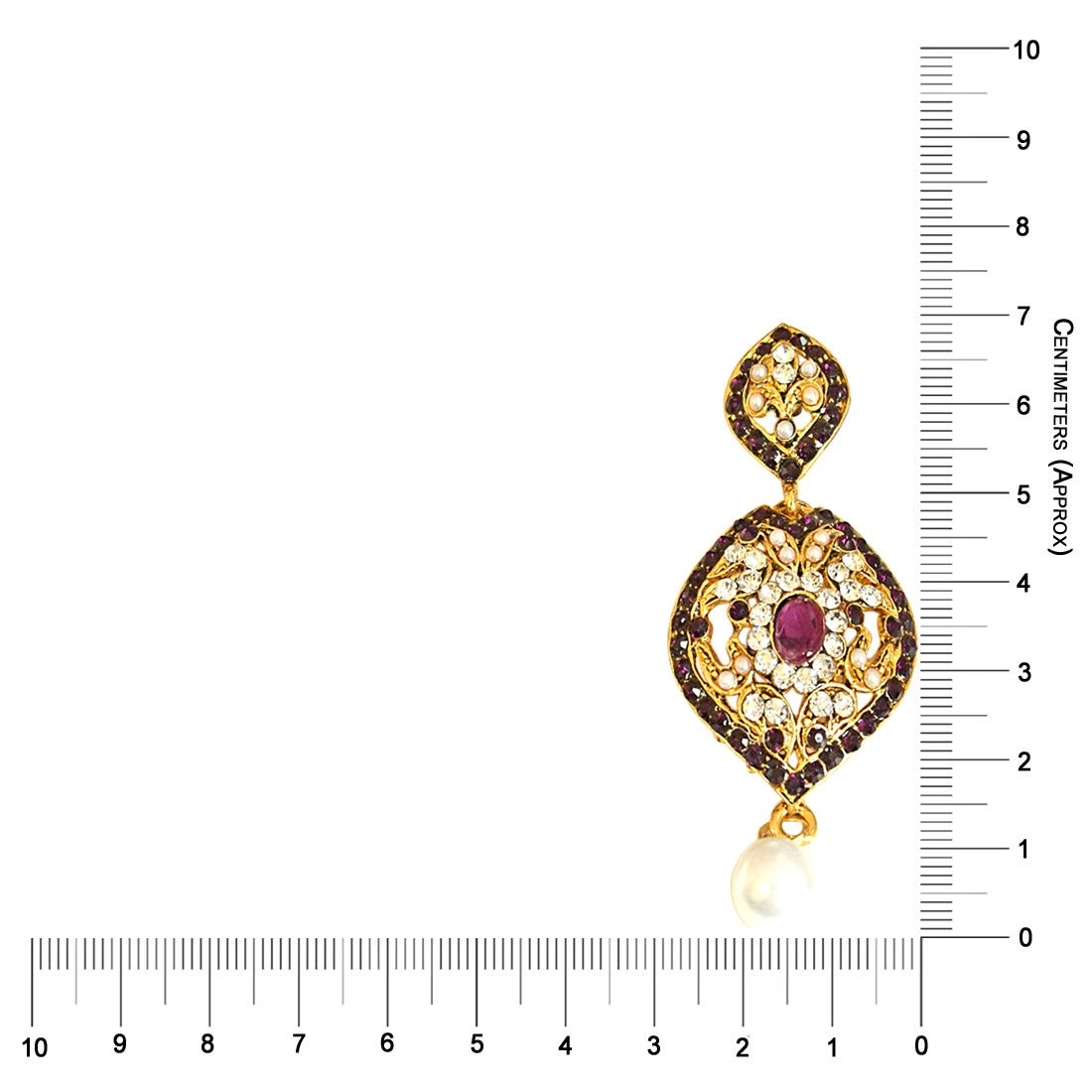 Drop Shaped Designer Purple & White Coloured Stone, Shell Pearl & Gold Plated Chand Bali Earrings (PSE18)