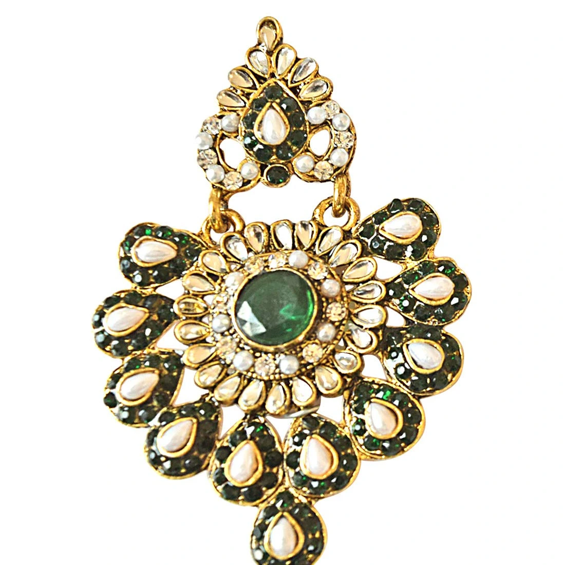 Floral Designed Green & White Stones, Shell Pearl & Gold Plated Chand Bali Earrings (PSE19)