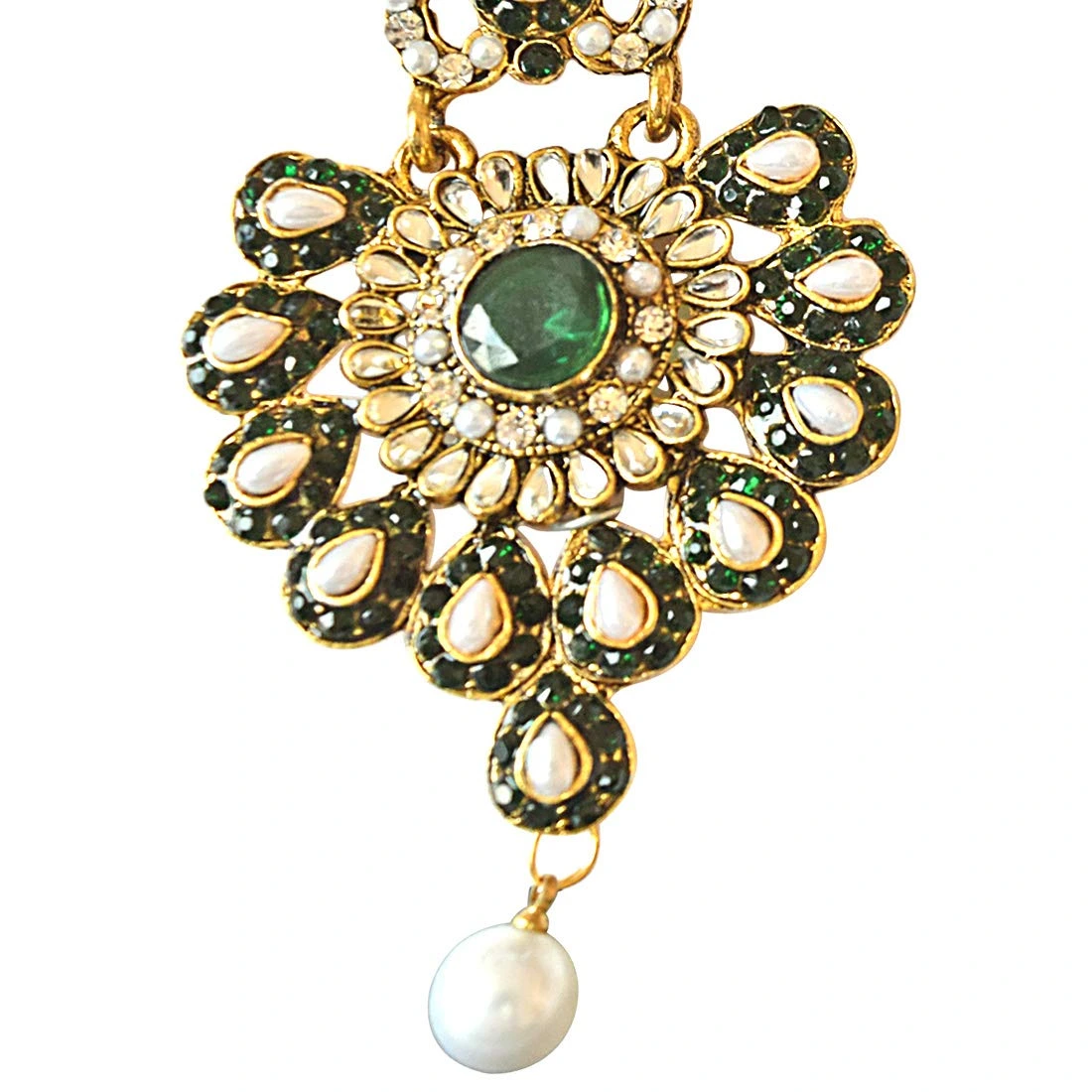 Floral Designed Green & White Stones, Shell Pearl & Gold Plated Chand Bali Earrings (PSE19)