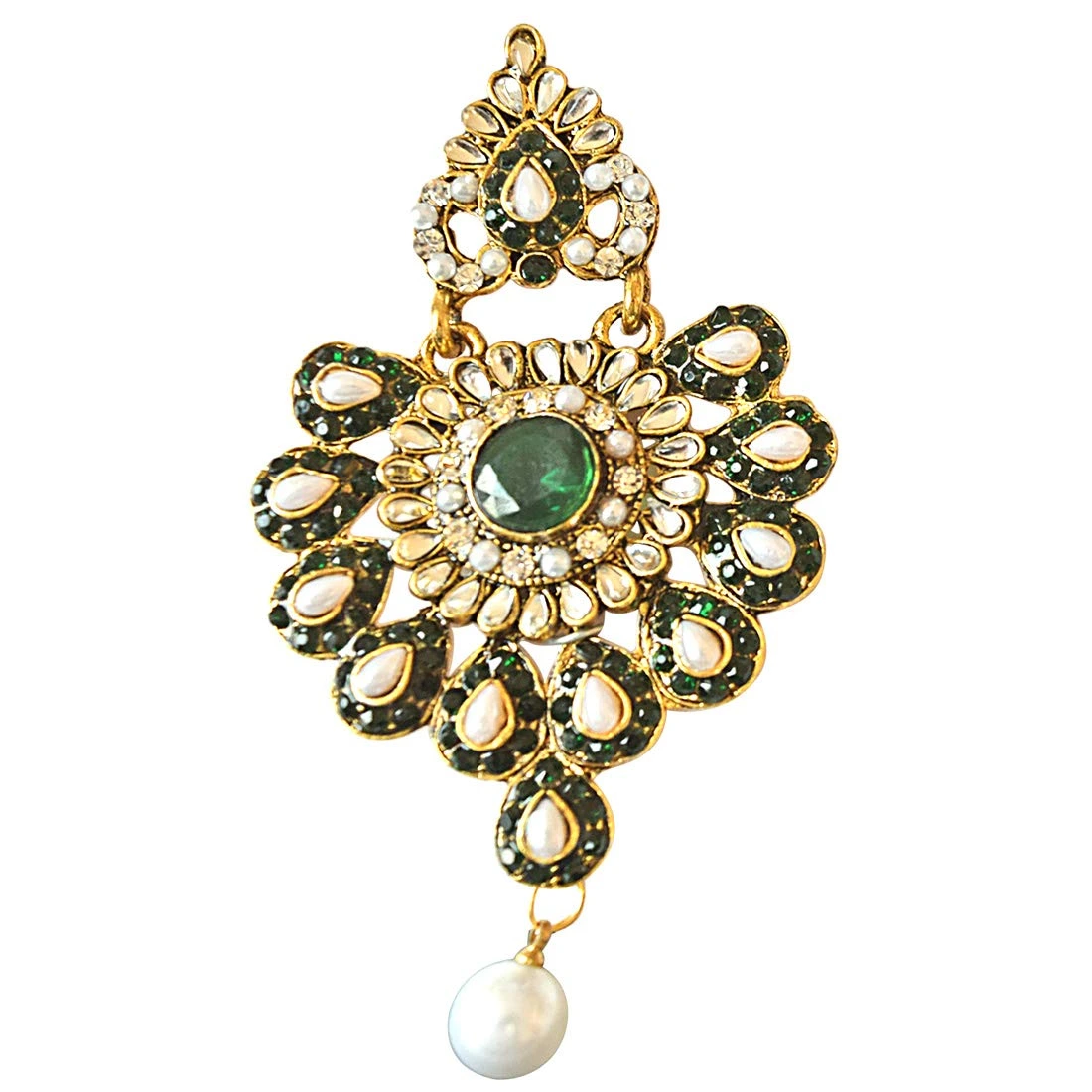 Floral Designed Green & White Stones, Shell Pearl & Gold Plated Ch Bali Earrings