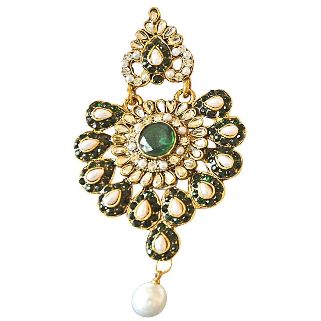 Floral Designed Green & White Stones, Shell Pearl & Gold Plated Chand Bali Earrings (PSE19)