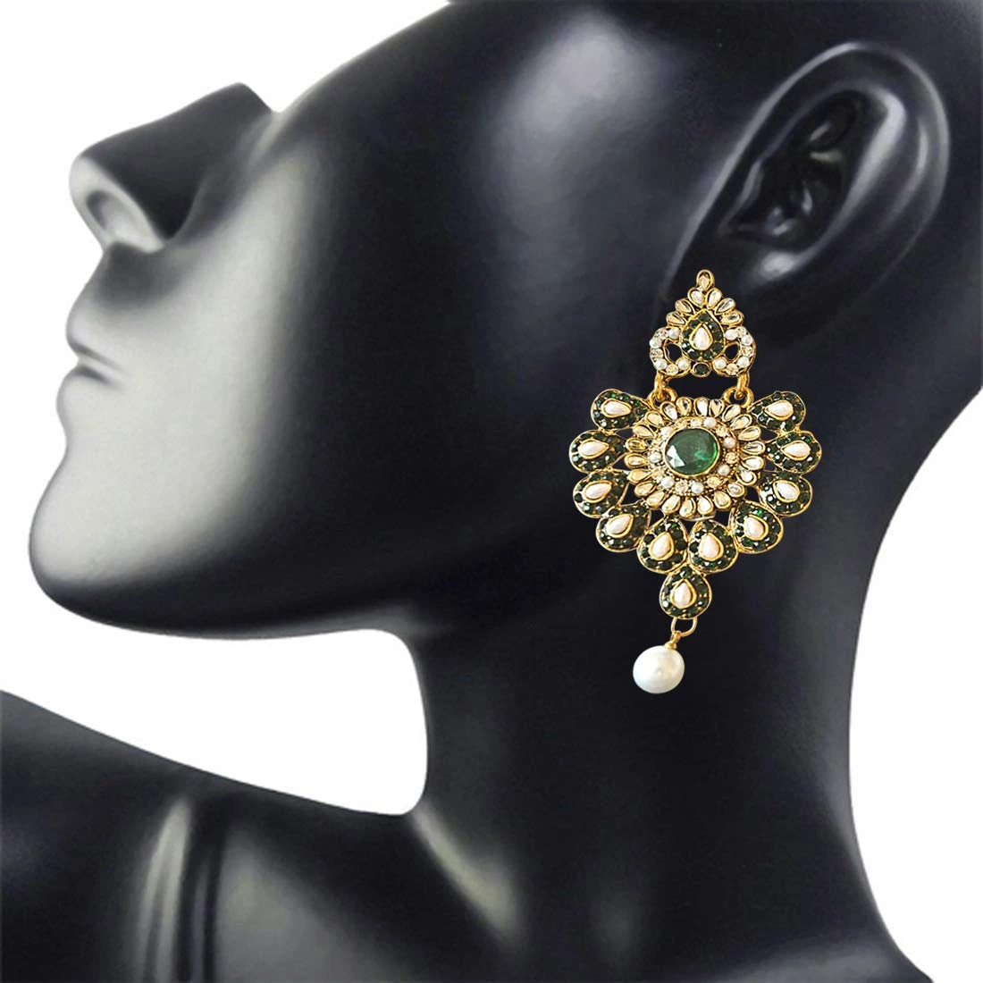 Floral Designed Green & White Stones, Shell Pearl & Gold Plated Ch Bali Earrings