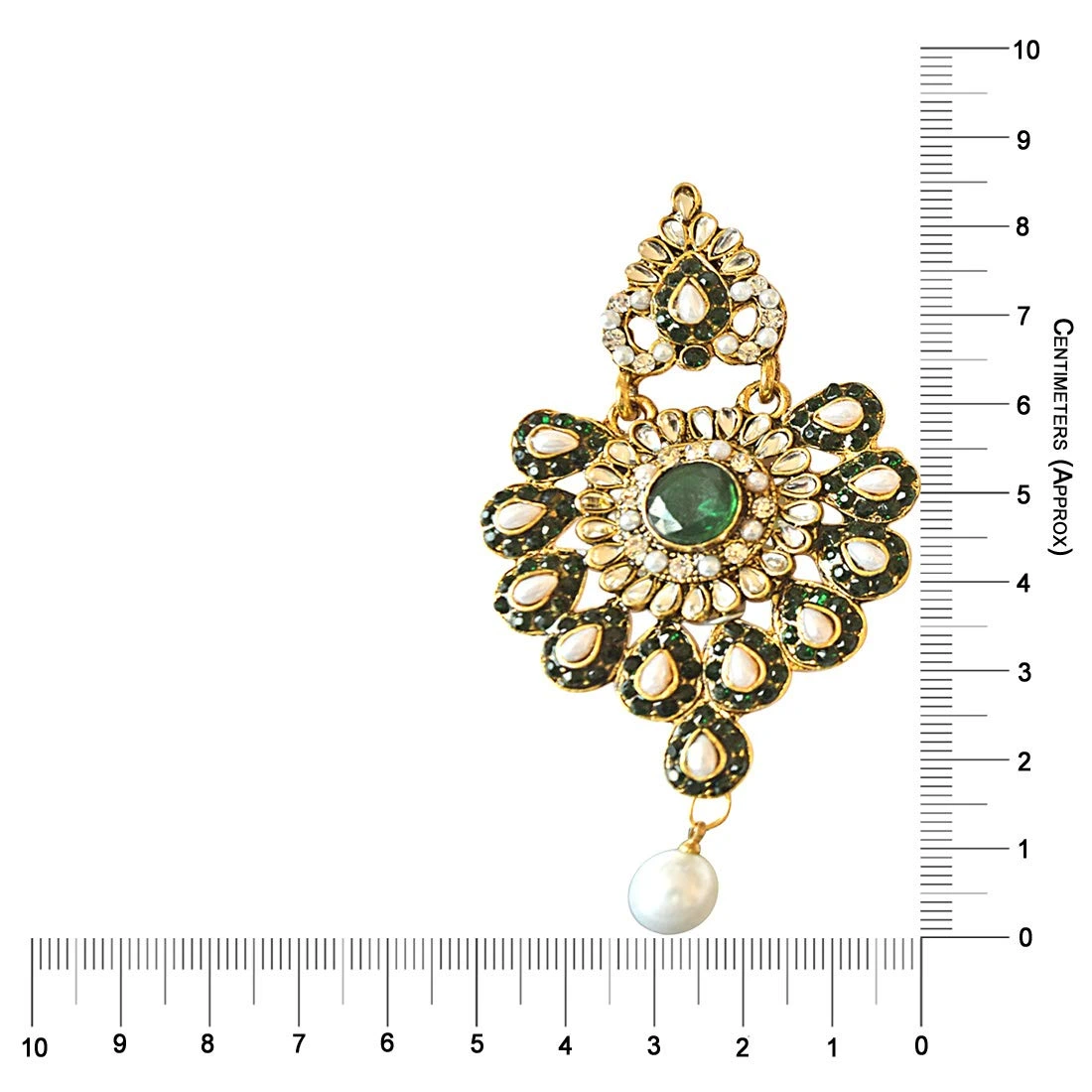 Floral Designed Green & White Stones, Shell Pearl & Gold Plated Chand Bali Earrings (PSE19)