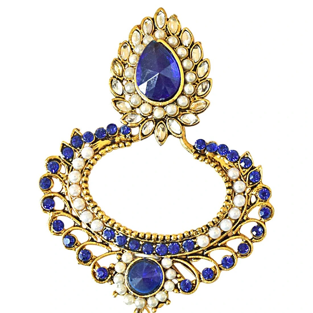 Drop Shaped Blue & white Coloure Stones, Shell Pearl & Gold Plated Ch Bali Earrings