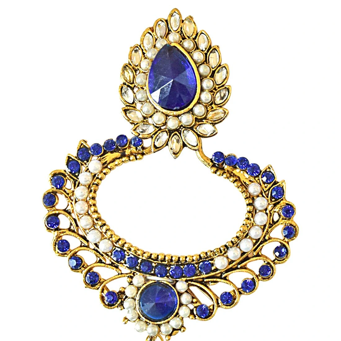 Drop Shaped Blue & white Coloure Stones, Shell Pearl & Gold Plated Chand Bali Earrings (PSE20)