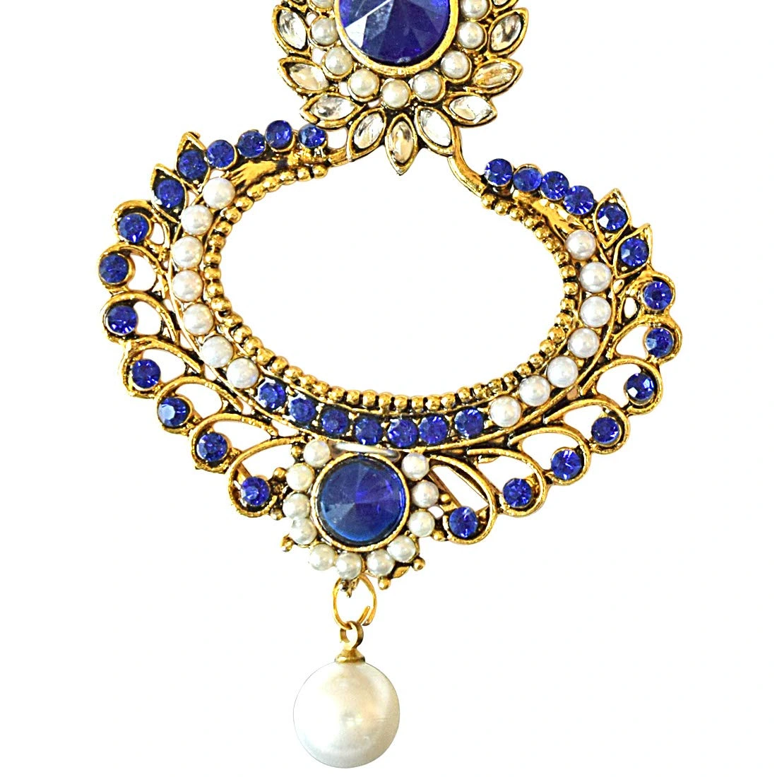 Drop Shaped Blue & white Coloure Stones, Shell Pearl & Gold Plated Chand Bali Earrings (PSE20)