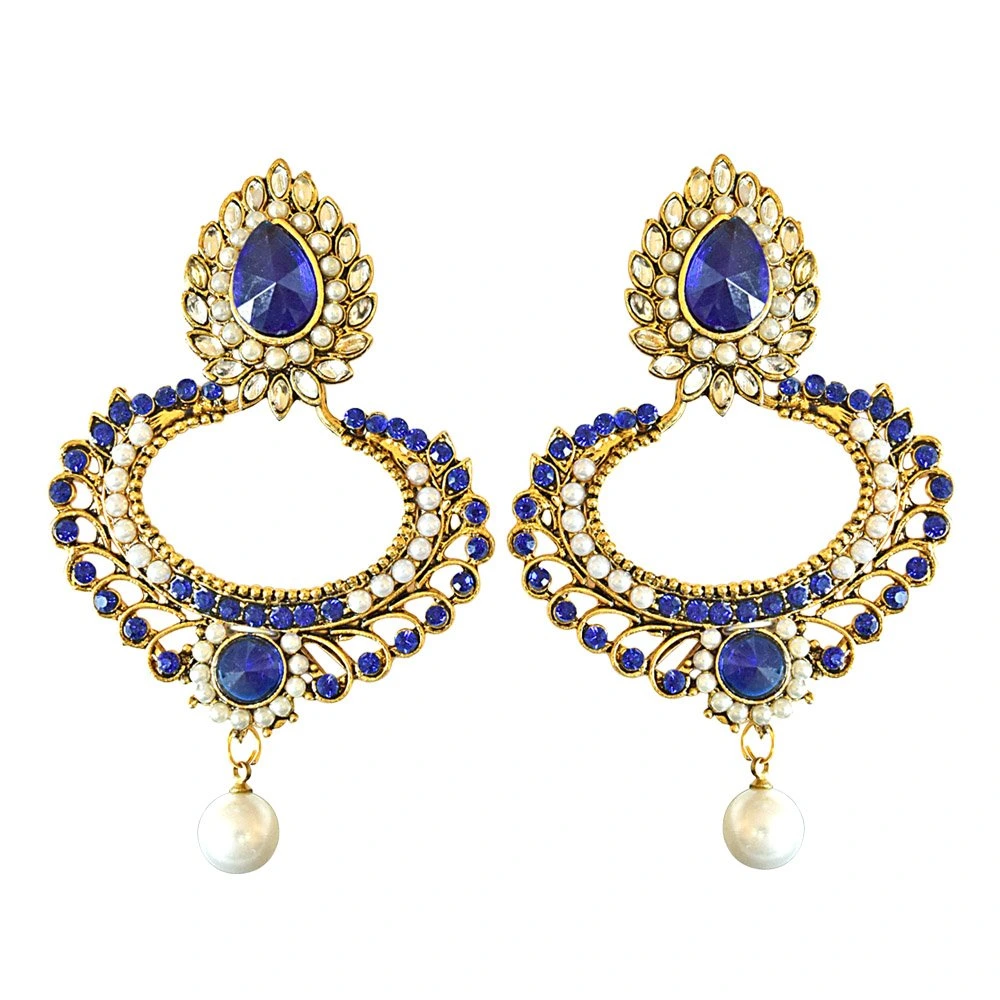 Drop Shaped Blue & white Coloure Stones, Shell Pearl & Gold Plated Chand Bali Earrings (PSE20)