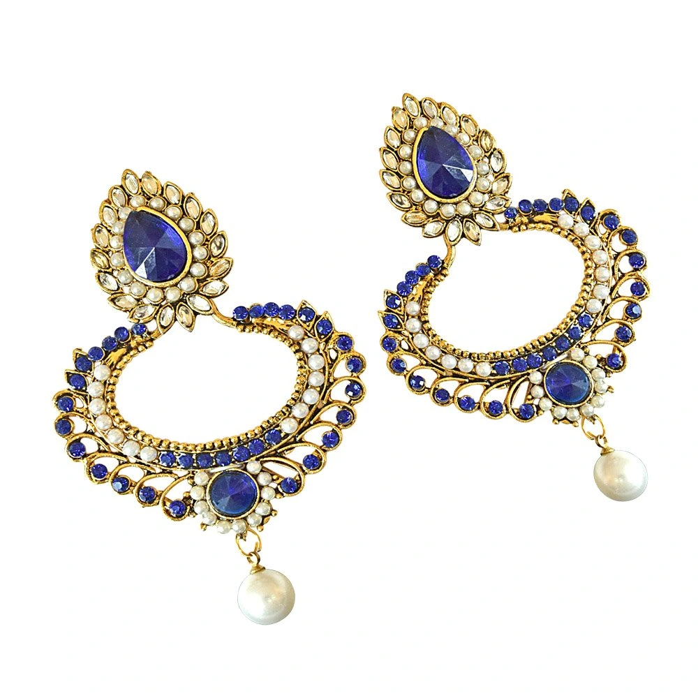 Drop Shaped Blue & white Coloure Stones, Shell Pearl & Gold Plated Chand Bali Earrings (PSE20)