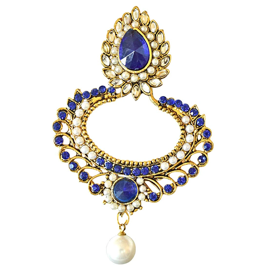 Drop Shaped Blue & white Coloure Stones, Shell Pearl & Gold Plated Chand Bali Earrings (PSE20)