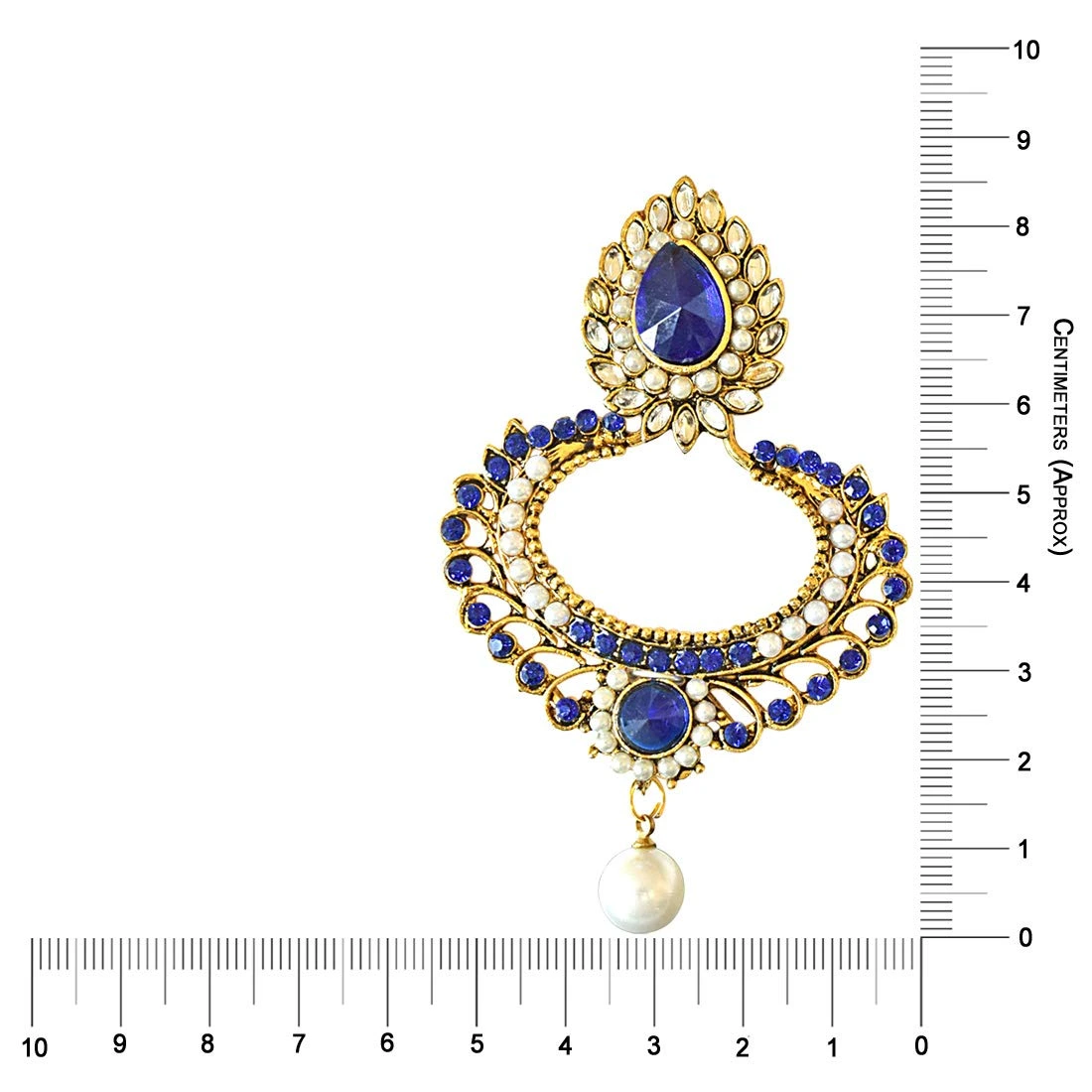 Drop Shaped Blue & white Coloure Stones, Shell Pearl & Gold Plated Chand Bali Earrings (PSE20)