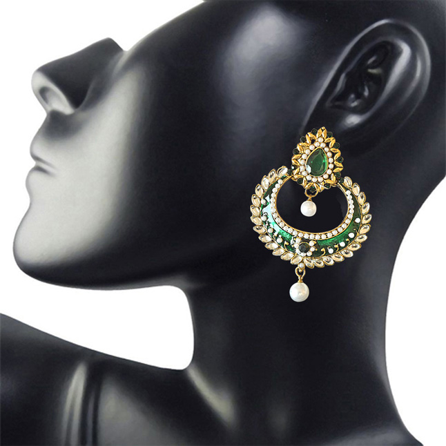 Traditional Green & White Coloured Stone, Shell Pearl & Gold Plated Chand Bali Earrings with Green Enamel (PSE26)