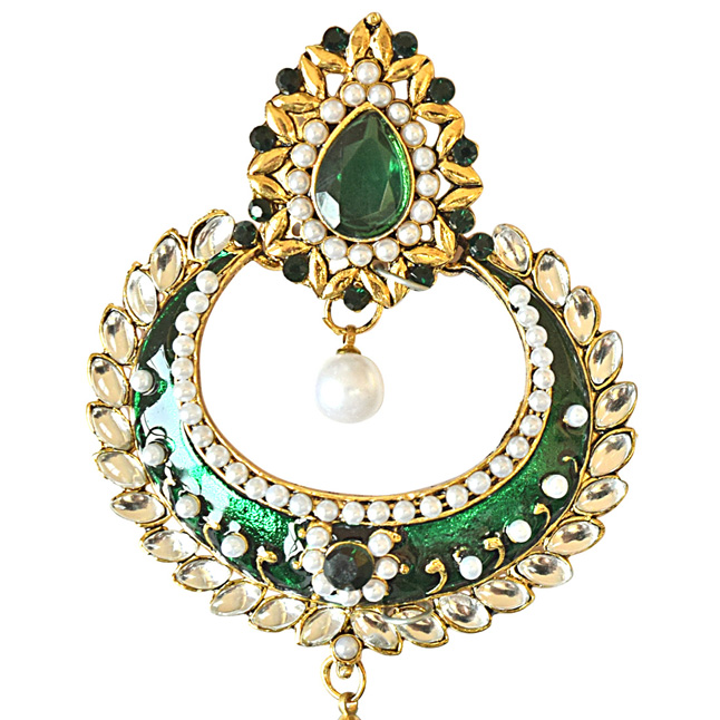 Traditional Green & White Coloured Stone, Shell Pearl & Gold Plated Chand Bali Earrings with Green Enamel (PSE26)