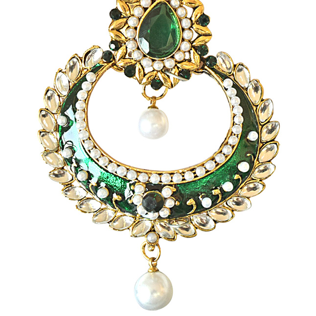 Traditional Green & White Coloured Stone, Shell Pearl & Gold Plated Chand Bali Earrings with Green Enamel (PSE26)