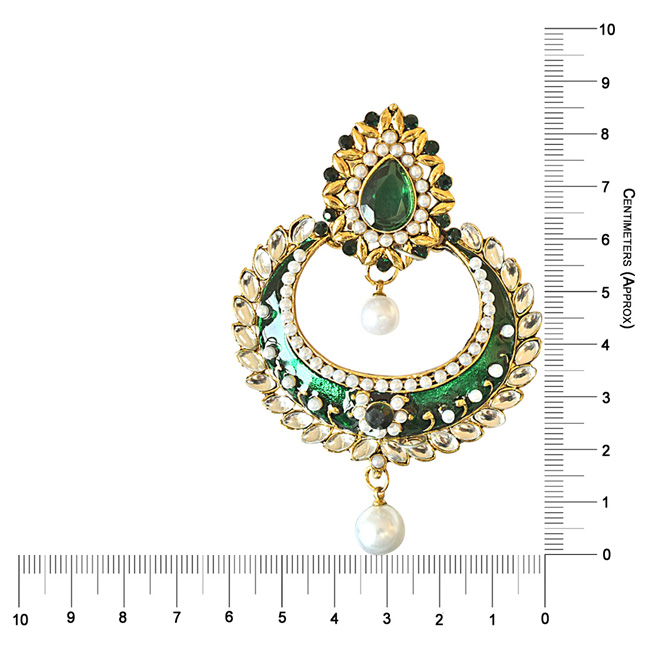 Traditional Green & White Coloured Stone, Shell Pearl & Gold Plated Chand Bali Earrings with Green Enamel (PSE26)