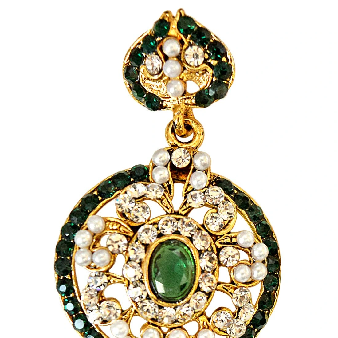 Round Shaped Green & White Coloured Stone, Shell Pearl & Gold Plated Dangling Earrings for Women (PSE28)