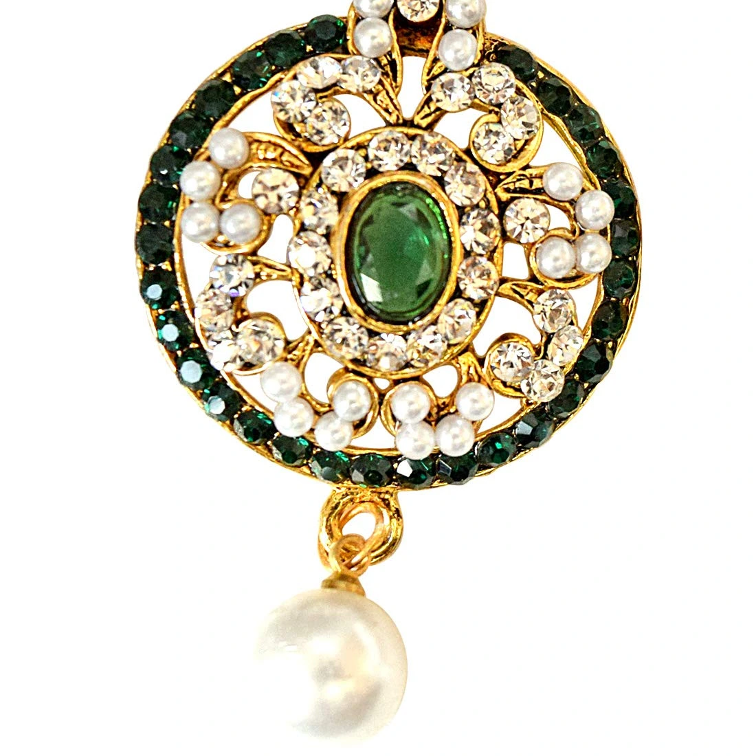 Round Shaped Green & White Coloured Stone, Shell Pearl & Gold Plated Dangling Earrings for Women (PSE28)