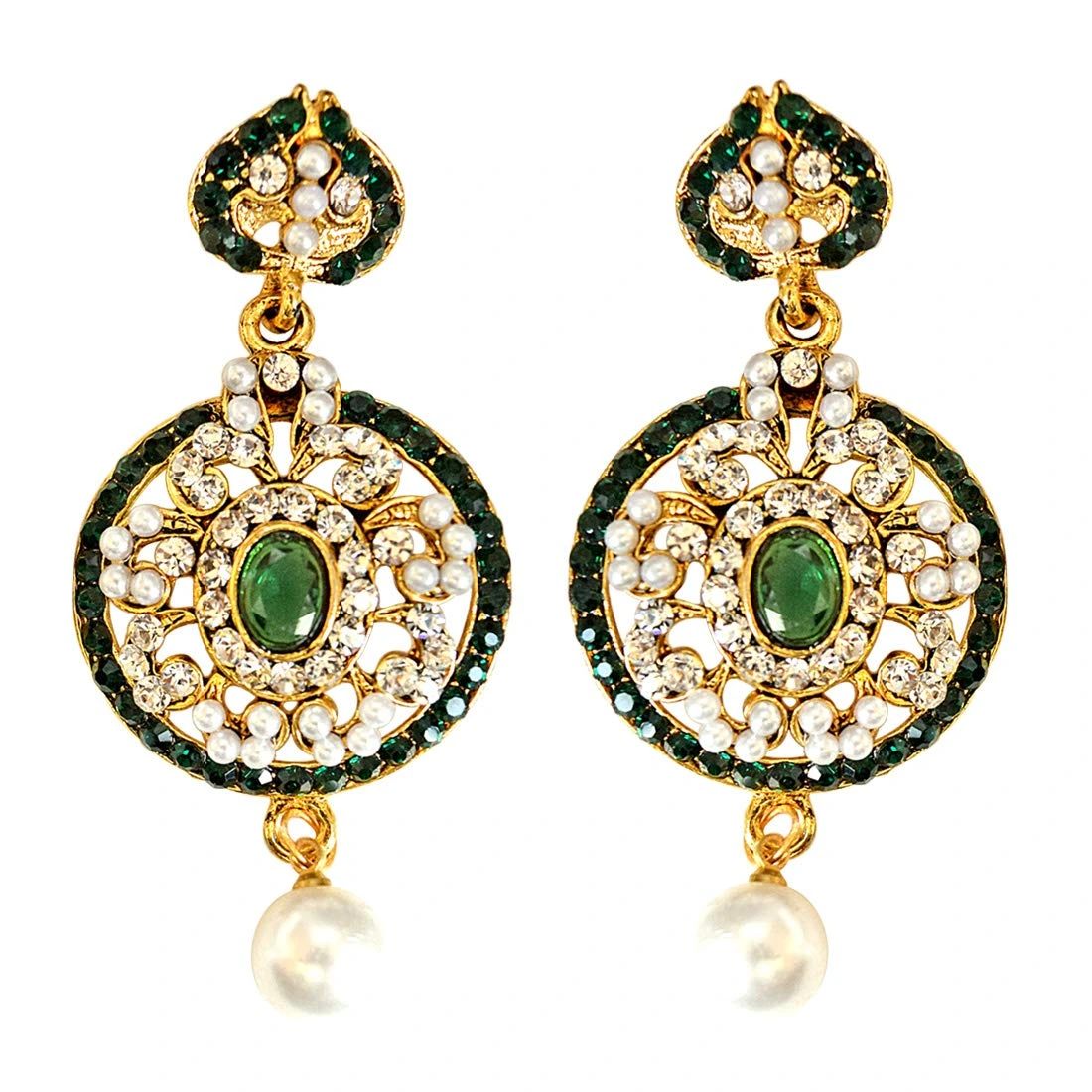 Round Shaped Green & White Coloured Stone, Shell Pearl & Gold Plated Dangling Earrings for Women